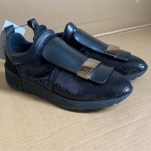 Sergio Rossi Black Sequin Leather Casual Fashion Sneaker Slide On